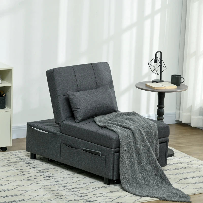 HOMCOM Reclining Chair Sleeper Chair 3-in-1 Chair, Linen Look, including Pillow, 65.5 cm x 104 cm x 81 cm, Dark Gray