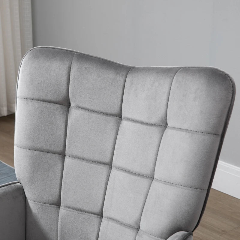 HOMCOM Modern Accent Chair Velvet Tufted Wingback Armchair Upholstered Leisure Club Chair with Wood Legs, Grey
