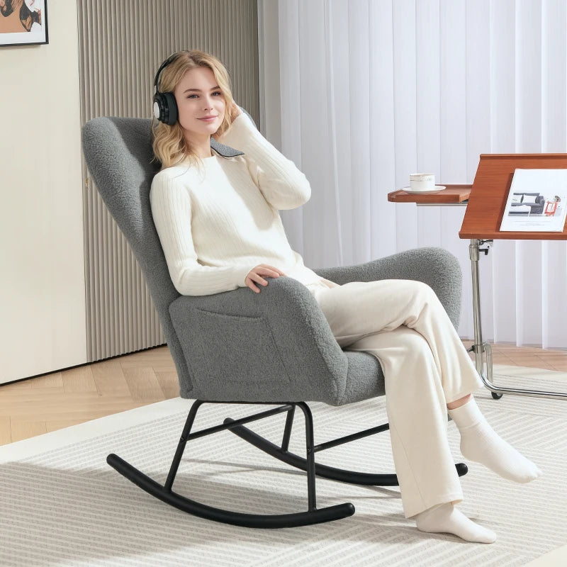 HOMCOM Rocking Chair, Fluffy Cover, Lumbar Pillow, Non-slip, Up to 120 kg, Gray