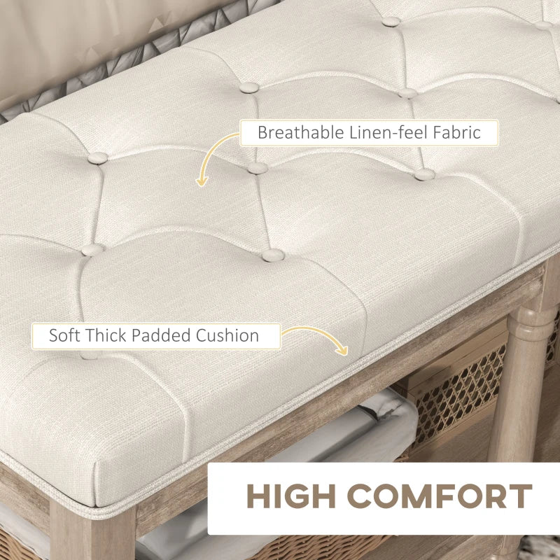 HOMCOM Tufted 2-Tier Shelf Shoe Bench 115 cm End of Bed Linen Upholstered Carved Wood Legs Linen Beige