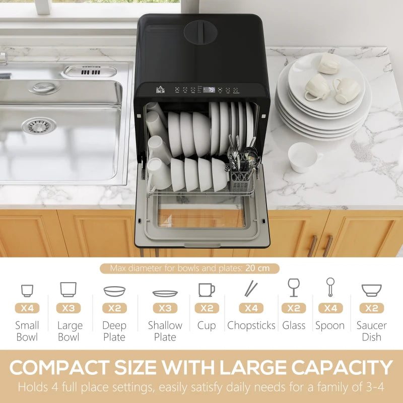 HOMCOM Table Top Dishwasher, Mini Countertop Dishwasher with Built-in 6L Water Tank, 6 Programs, Touch Control, LED Display, 4 Place Settings, Dual Water Supply and Air Drying Function, White
