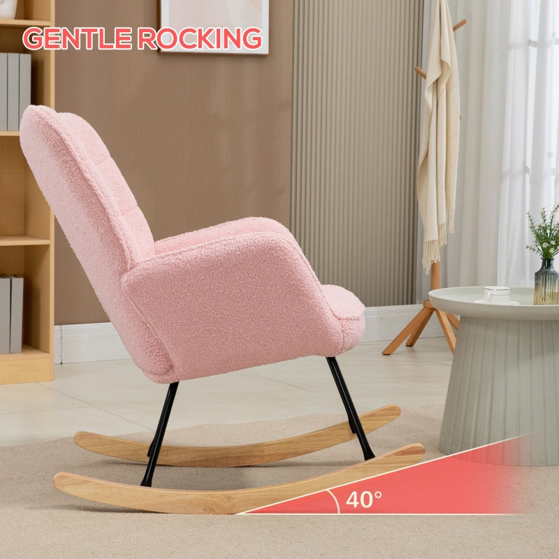 HOMCOM Accent Rocking Chair, Berber Fleece Nursery Glider Rocker, Modern Armchair, Wingback Chair for Living Room, Pink