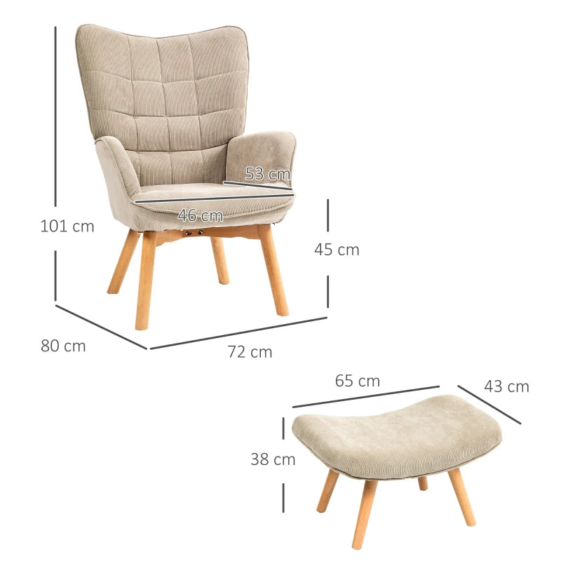 HOMCOM Accent Chair with Ottoman, Lounge Chair in Corduroy Look, Armchair with Wooden Legs, for Living Room, Light Brown