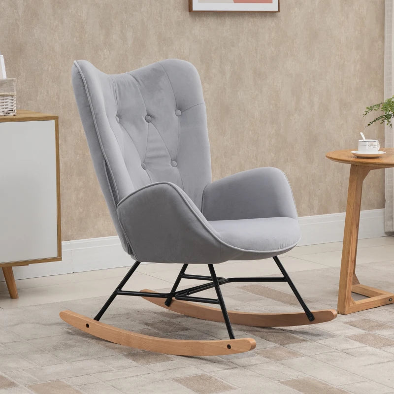 HOMCOM Rocking Chair with Ear Wings Grand Comfort Armrests Seat Backrest High Density Foam Velvet-Like Gray