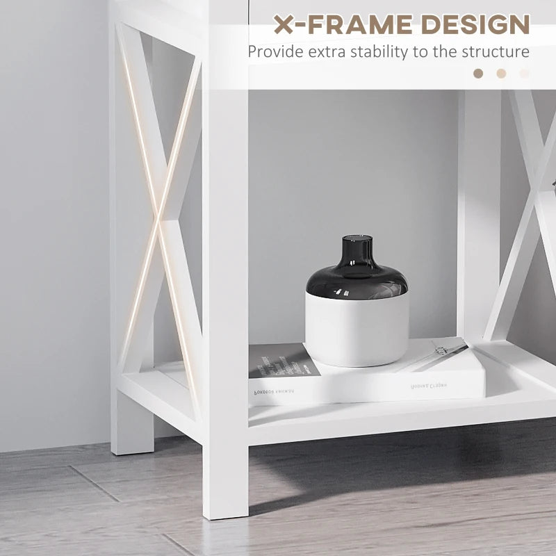 HOMCOM Farmhouse End Table, Sofa Side Table with Drawer, Bottom Shelf and X-frames, Bedside Table for Bedroom, White