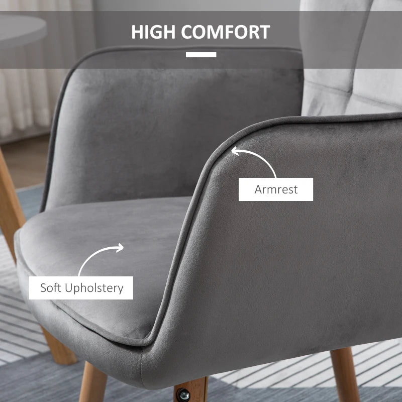 HOMCOM Modern Accent Chair Velvet Tufted Wingback Armchair Upholstered Leisure Club Chair with Wood Legs, Grey