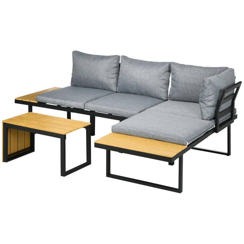 Outsunny 3 Pieces Patio Furniture Set - Outdoor Garden Sofa Conversation Set with Padded Cushions, Wood Grain Plastic Top Table and Side Panel, Dark Grey