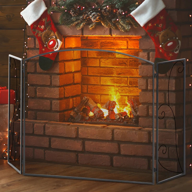 HOMCOM 3-Panel Metal Fireplace Mesh Screen Home Foldable Steel Spark Guard Decoration, Black