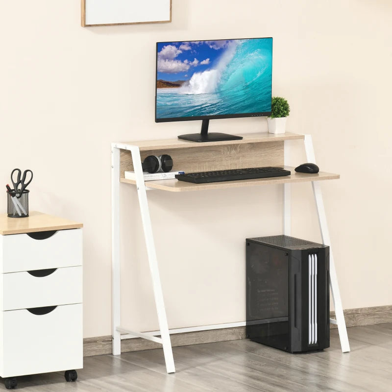 HOMCOM Writing Desk Computer Table Home Office PC Laptop Workstation Storage Shelf 84L x 45W cm White and Oak