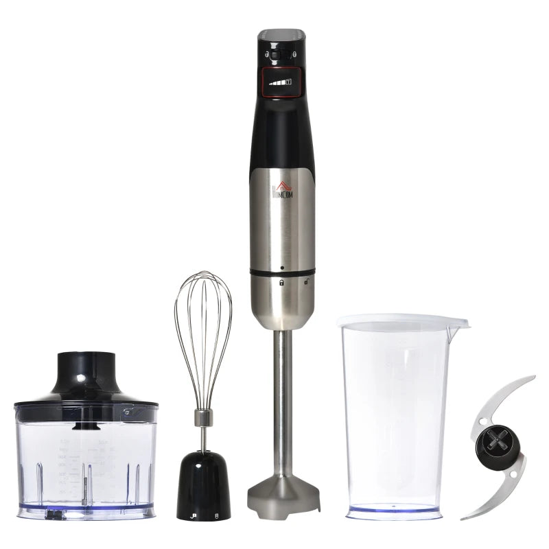 HOMCOM Hand Blender Currys 1000W, 4 In 1 with Measuring Cup, Egg Whisk, Chopper Bowl, Blender for Smoothies