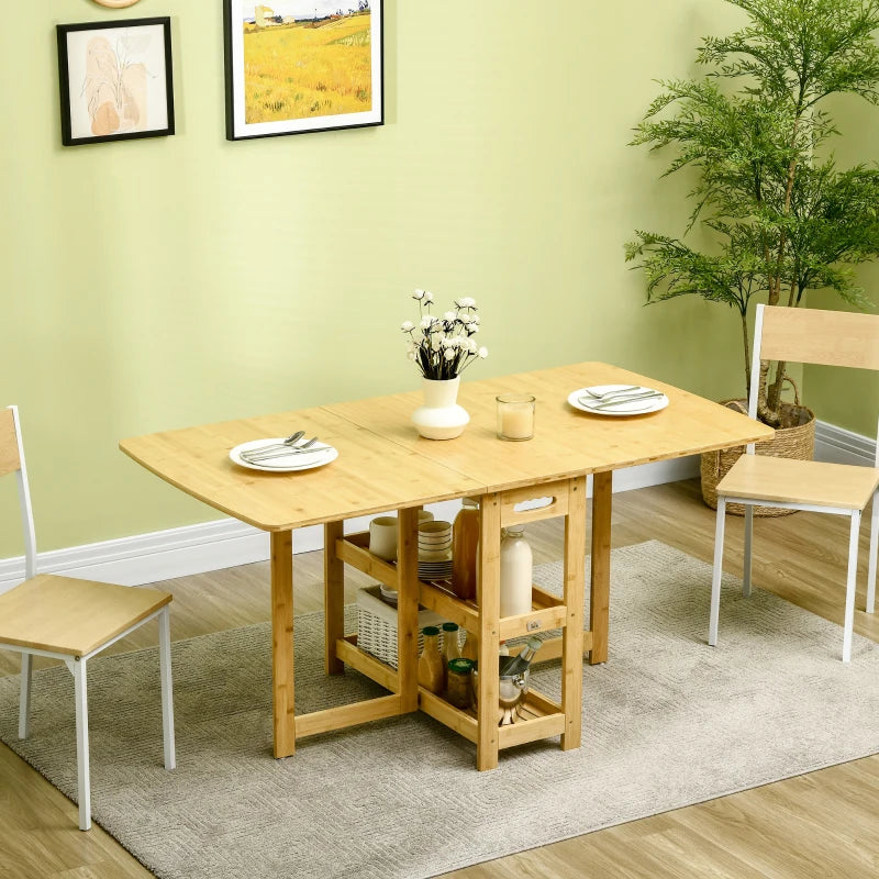 HOMCOM Folding Table, Dining Table, Two Foldable Sides, Two Shelves, Adjustable Feet, Bamboo, 149.5 x 80 x 73.5cm