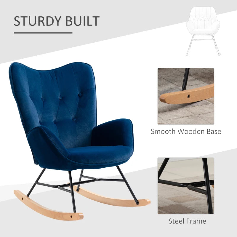HOMCOM Rocking Chair with Ear Wings Rocking Chair High Comfort Armrests Deep Seat Foam padding Velvet-Look Blue