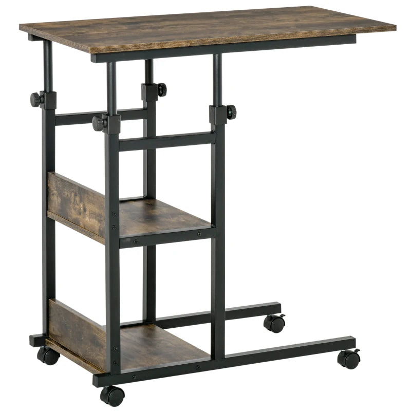 HOMCOM 3-Tier Mobile Side Table, C-Shaped End Table, Industrial Couch Table with Adjustable Height, Storage Shelves, Rustic Brown