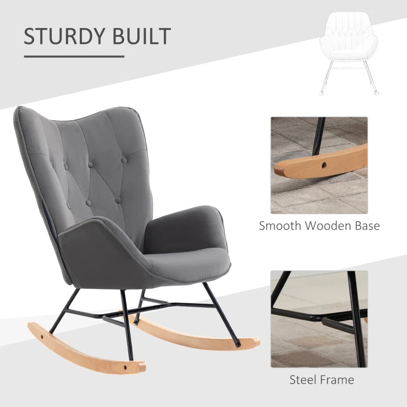 HOMCOM Rocking Chair with Steel Frame Upholstered Relax Armchair Lounge Chair Living Room Chair with Padded Seat Velvety Polyester Rubberwood Metal Dark Gray+Natural 65 x 70 x 96 cm