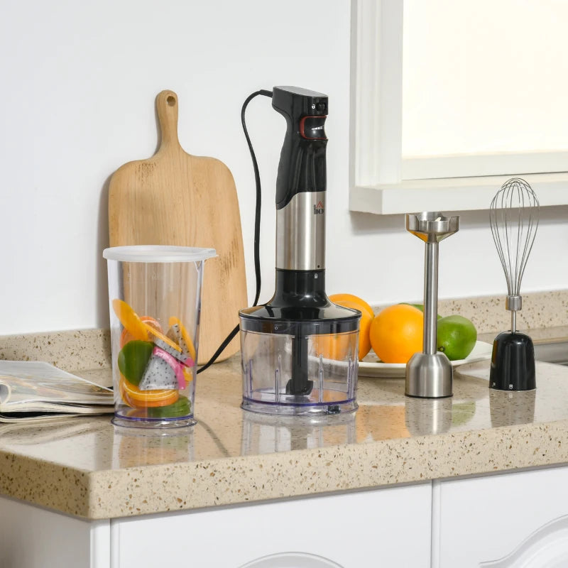 HOMCOM Hand Blender Currys 1000W, 4 In 1 with Measuring Cup, Egg Whisk, Chopper Bowl, Blender for Smoothies