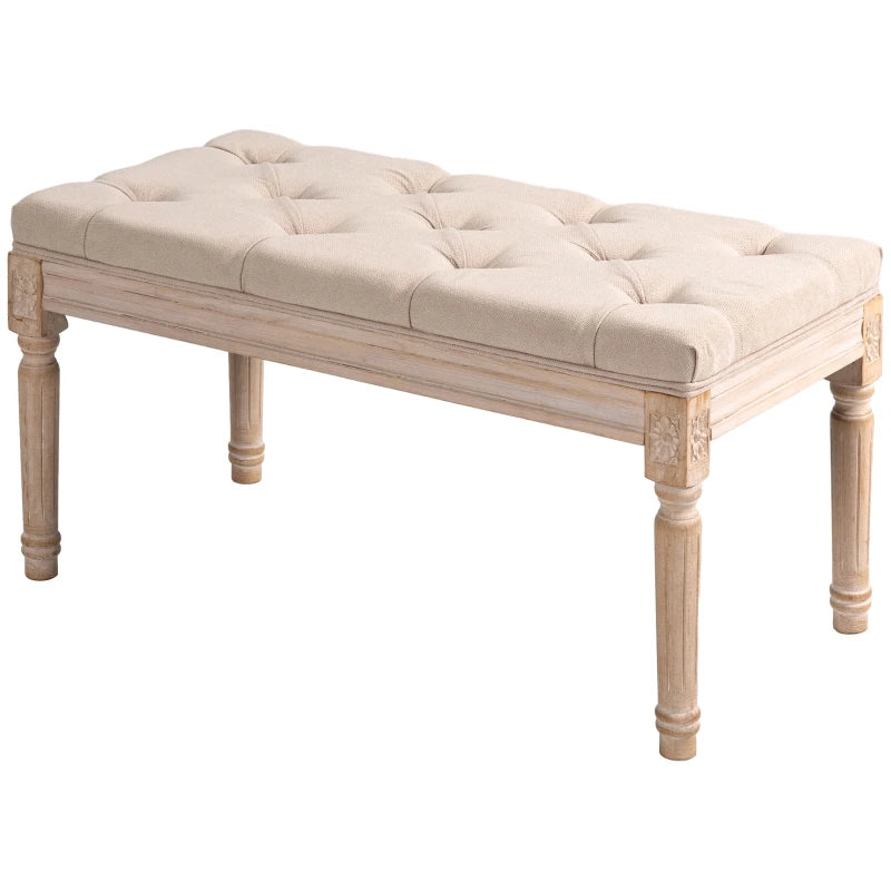 HOMCOM Vintage Design Vintage Bench, Button Tufting, Turned Legs, Shabby Chic, Cream