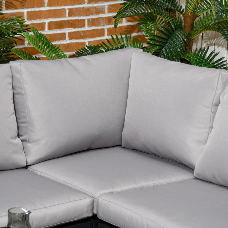 Outsunny 4 Piece Metal Garden Furniture Set, Includes Tempered Glass Coffee Table, Breathable Mesh Pocket, Outdoor Conversational Corner Sofa Loveseat, with Padded Cushions - Light Grey