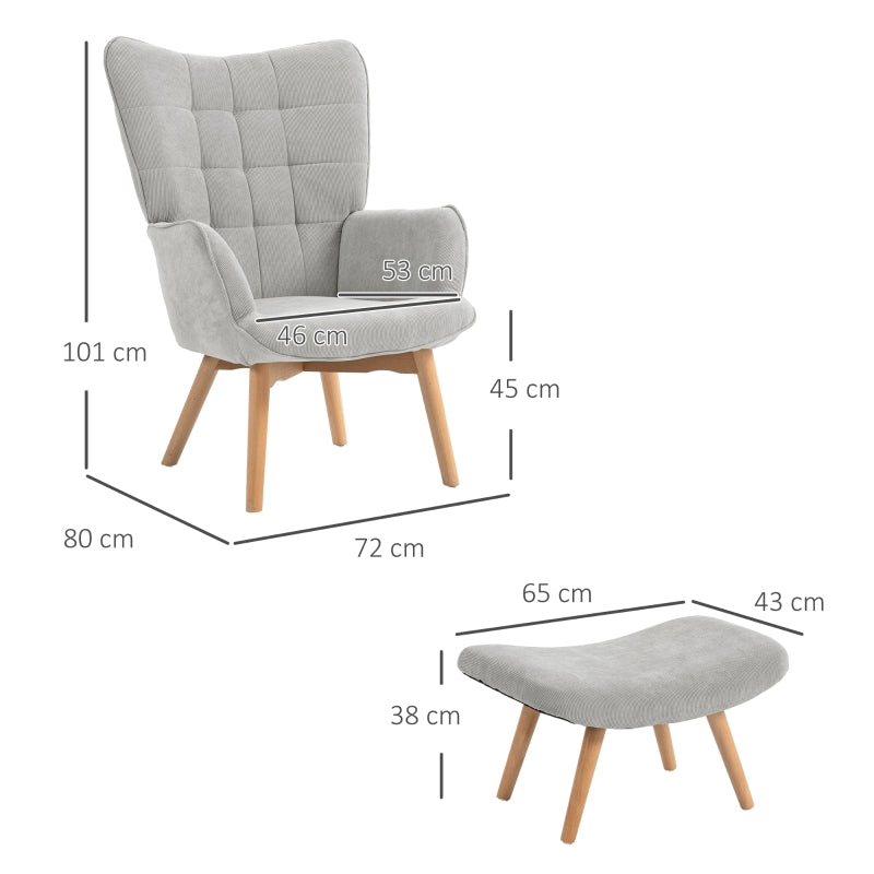 HOMCOM Accent Chair with Ottoman, Recliner in Corduroy Style, Armchair with Wooden Legs, for Living Room, Gray
