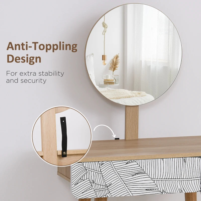 HOMCOM Elegant Dressing Table, Vanity Table with Drawer and Height Adjustable Mirror for Bedroom, Dressing Room, Natural