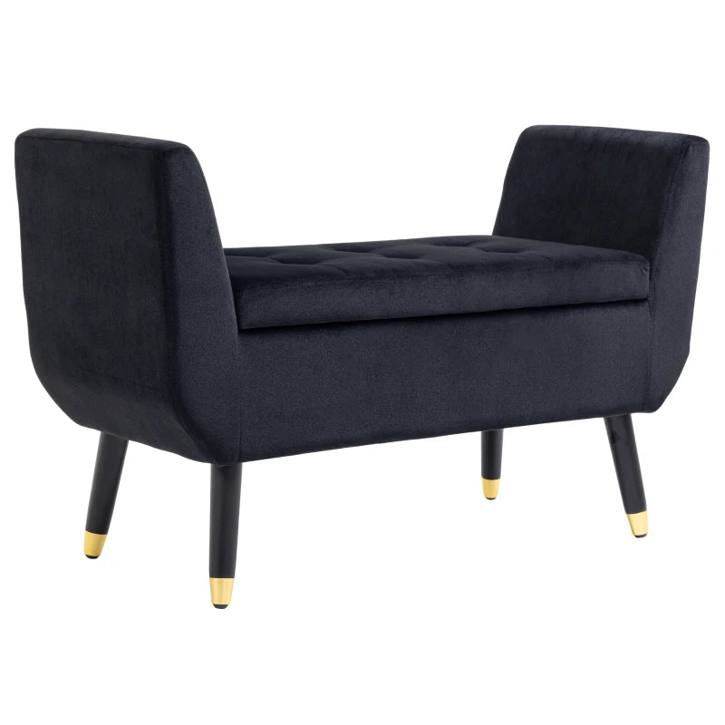 HOMCOM Luxury Ottoman Bench with Storage Armrests Trunk Bench Velvet-like Polyester Rubberwood Black 107 x 42 x 65 cm