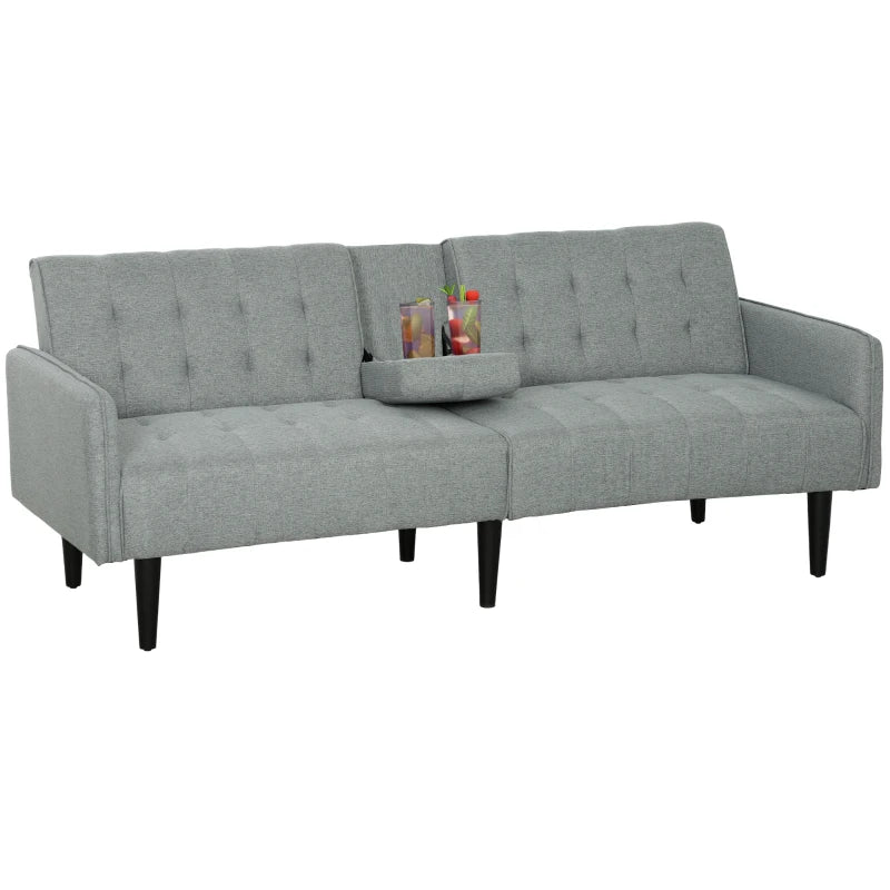 HOMCOM Three-Seater Sofa Bed, with Cupholders - Light Grey