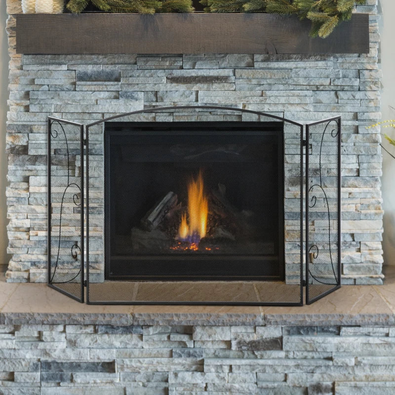 HOMCOM 3-Panel Metal Fireplace Mesh Screen Home Foldable Steel Spark Guard Decoration, Black