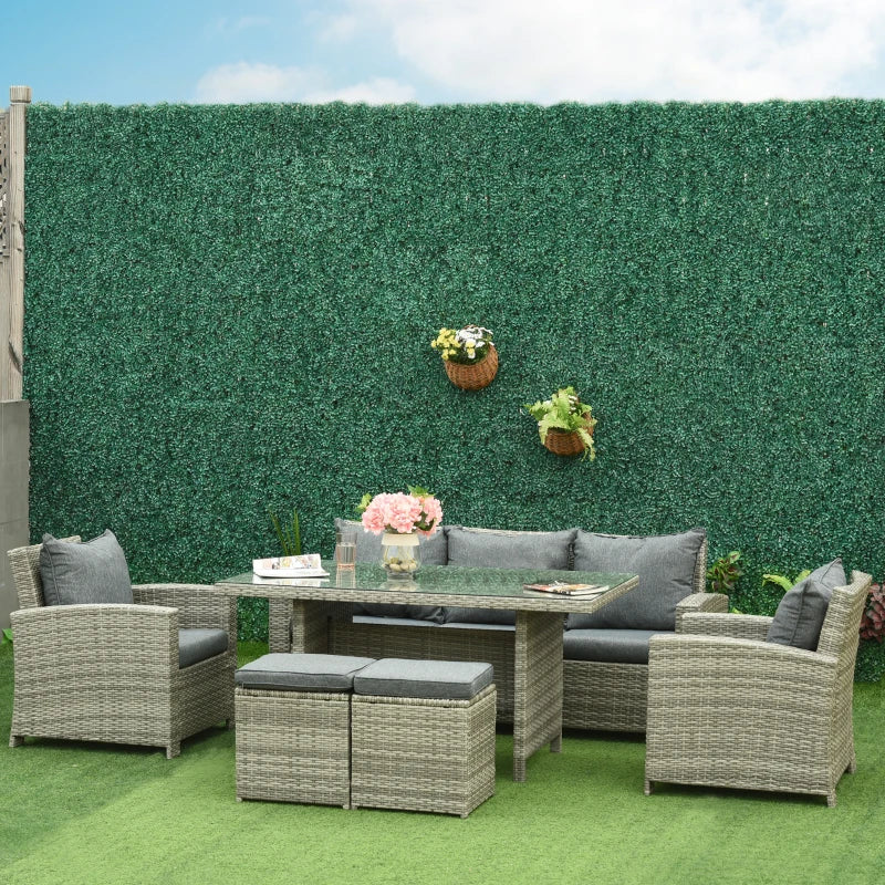 Outsunny 6 Pieces PE Rattan Garden Furniture Set with Three-seat, Armchairs and Footstools, Aluminium Patio Wicker Dining Sets w/ Glass Top Dining Table, Soft Cushion, Light Grey