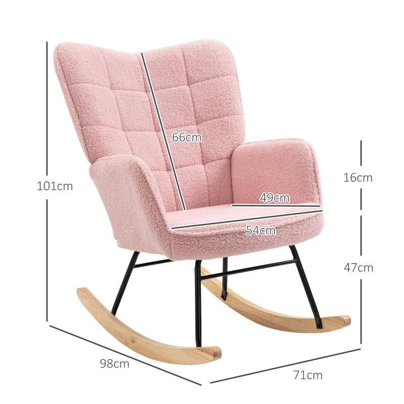 HOMCOM Accent Rocking Chair, Berber Fleece Nursery Glider Rocker, Modern Armchair, Wingback Chair for Living Room, Pink