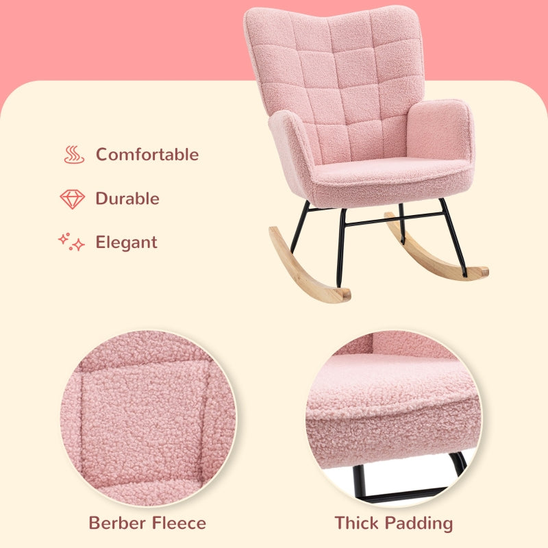 HOMCOM Accent Rocking Chair, Berber Fleece Nursery Glider Rocker, Modern Armchair, Wingback Chair for Living Room, Pink