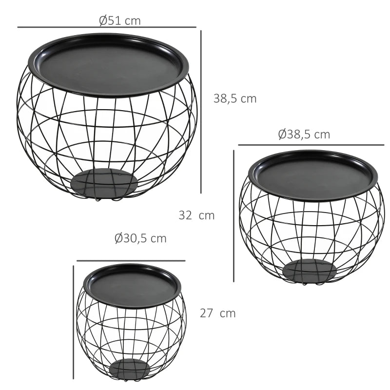 HOMCOM 3 Piece End Table Steel Storage Organizer Removable Tabletop for Living Room, Meeting Room,Black