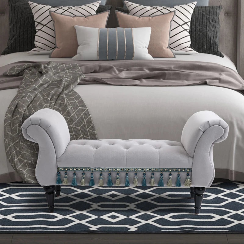 HOMCOM Vintage Bed End Bench with Armrest Tufted Footrest Stool Upholstered Bedroom Imitation Velvet Grey 117 x 40 x 58 cm