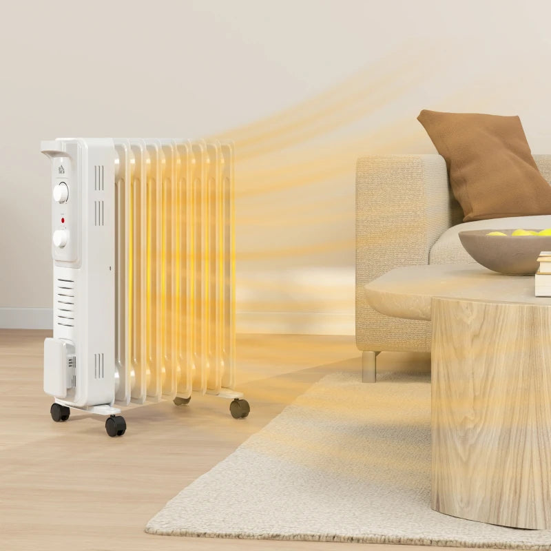 HOMCOM 2000W Quiet Oil Filled Radiator, 9 Fin Energy Efficient Portable Electric Heater with 3 Heat Settings, Adjustable Thermostat, Safety Tip Over, Overheat Protection, for Home, White