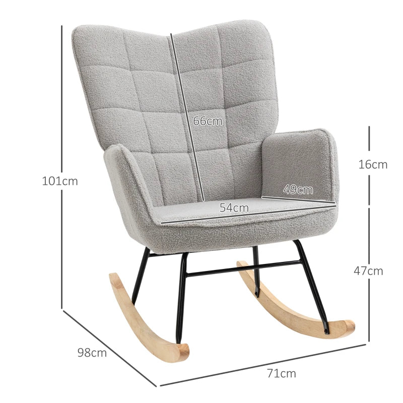 HOMCOM Accent Rocking Chair, Berber Fleece Nursery Glider Rocker, Modern Armchair, Wingback Chair for Living Room and Bedroom, Grey