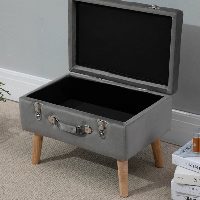 HOMCOM Upholstery Footstool, Velvet Pouffe Storage Trunk, Suitcase Style Ottoman with Wood Legs and Button Tufted Design for Bedroom, Hallway, Grey