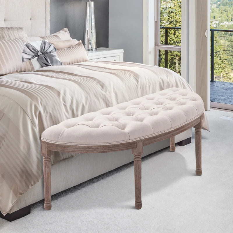 HOMCOM Half-Circle End of Bed Bench, Tufting Ottoman Footstool with Padded Seat and Brushed Wood Base, Antique Window Seat, Cream White