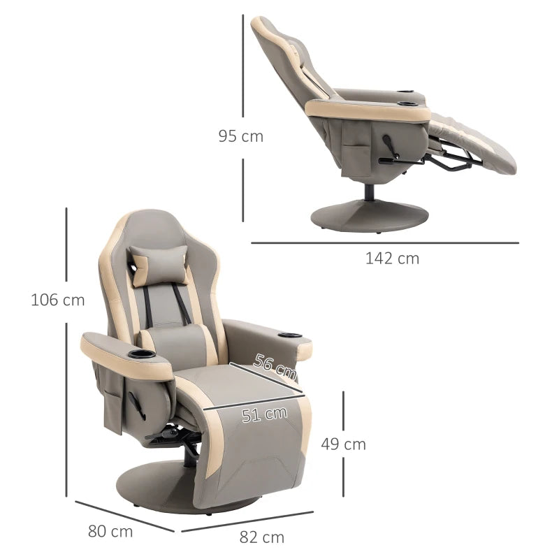 HOMCOM Manual Recliner Armchair PU Leather Lounge Chair w/ Adjustable Leg Rest, 135° Reclining Function, 360° Swivel, Grey