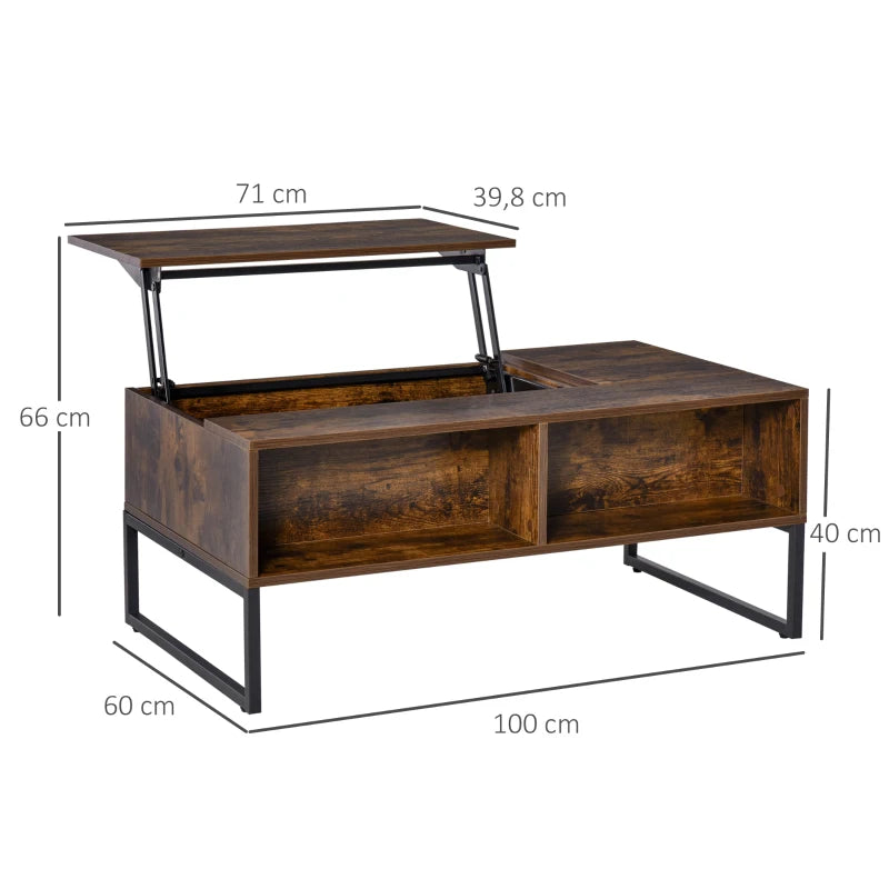 HOMCOM Lift Top Coffee Table, Industrial Coffee Table with Hidden Storage, Drawer and 2 Compartments, Extendable Living Room Table with Metal Frame, Rustic Brown