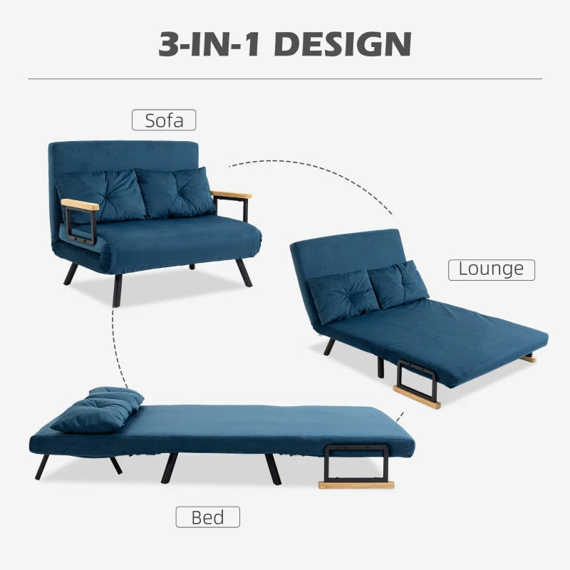 HOMCOM 2-Seater Convertible Sofa Bed with Adjustable 5-Level Backrest and 2 Padded Cushions, Velvet-like Fabric, Blue