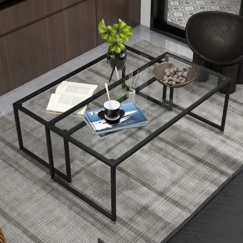 HOMCOM Set of 2 Coffee Tables, Glass Tables, with Powder-Coated Steel, Black + Transparent