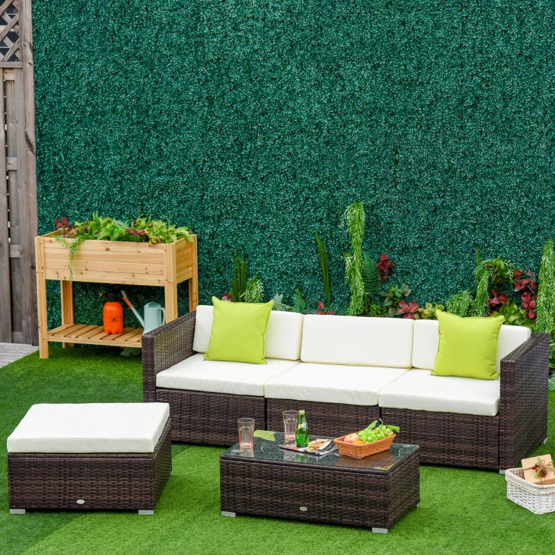 Outsunny 5pcs Rattan L-Shaped Corner Couch Sofas with Coffee Table Adjustable Feet Water-resistant Polyester Cloth Brown