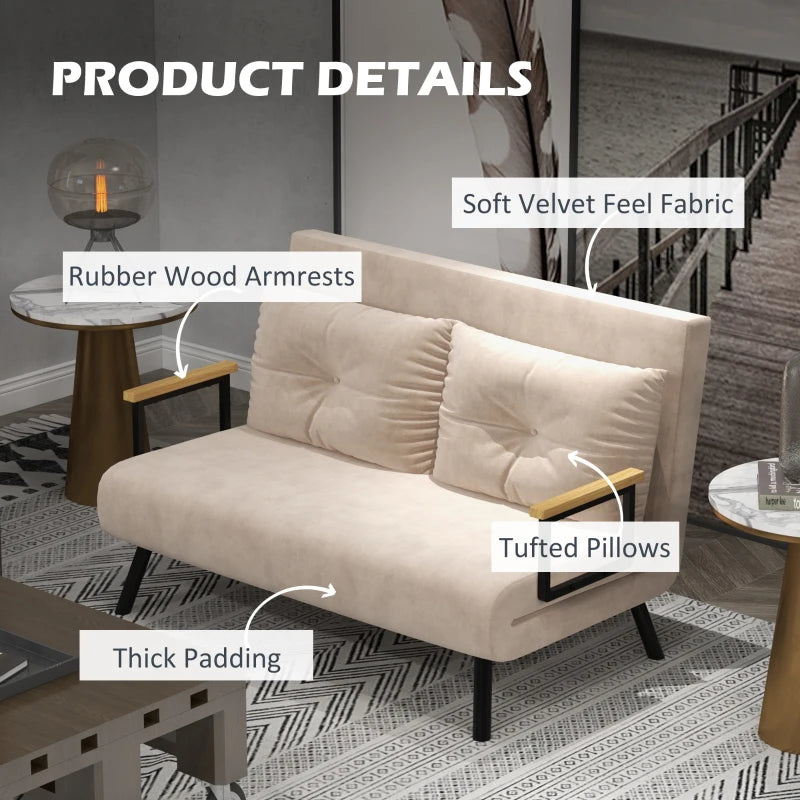 HOMCOM Sleeper Sofa 2-Seater Sofa Velvet Sofa, Sleeper Function, incl. 2 Pillows, Velvety Look, Natural + Beige + Black