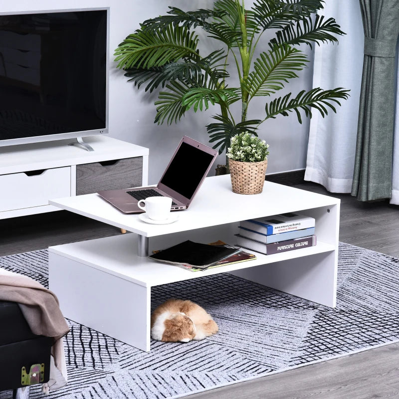 HOMCOM White Wood Coffee Table, 2 Tier Modern Rectangular Open Shelf Desk Living Room