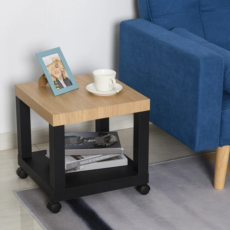 HOMCOM Sofa Side Table Square End Desk with Open Storage Shelf, Rolling Wheels, Free Moving for Home Office Studio