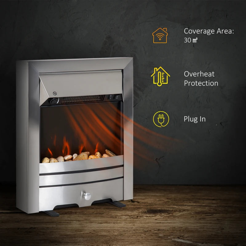 HOMCOM Installing Electric Fireplace, 2000W, Pebble Burning Effect Heater Fire Flame Indoor LED Lighting - Stainless Steel