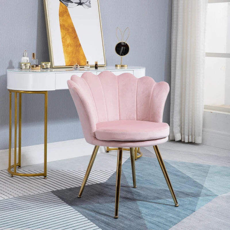 HOMCOM Shell Chair Vanity Chair Velvet Chair Living Room Chair with Golden Metal Legs for Living Room Bedroom and Dining Room 67L x 64W x 77H cm Powder Pink