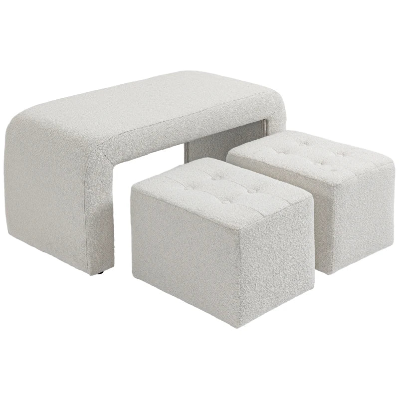 HOMCOM Ottoman Set of 3, Button Tufting, 89 cm x 42.5 cm x 45 cm, Cream