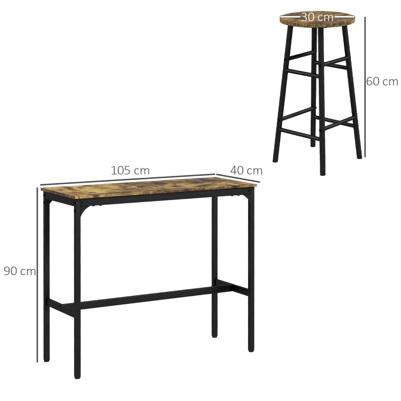 HOMCOM Industrial Design 2-Person Bar Table with 2 Stools Set, 3-Piece Bar Stool with Table Set, Brown + Black