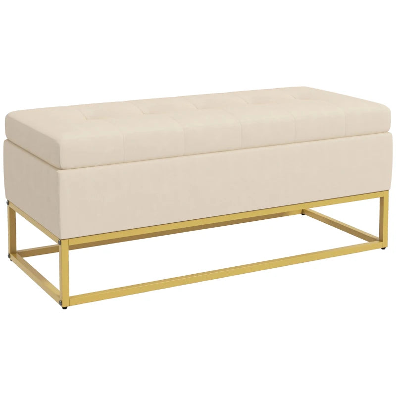 HOMCOM Storage Bench with Upholstered Seat, Decorative Button Tufting, Flannel Look, Gold-tone Steel Legs, 110 x 47 x 46.5 cm