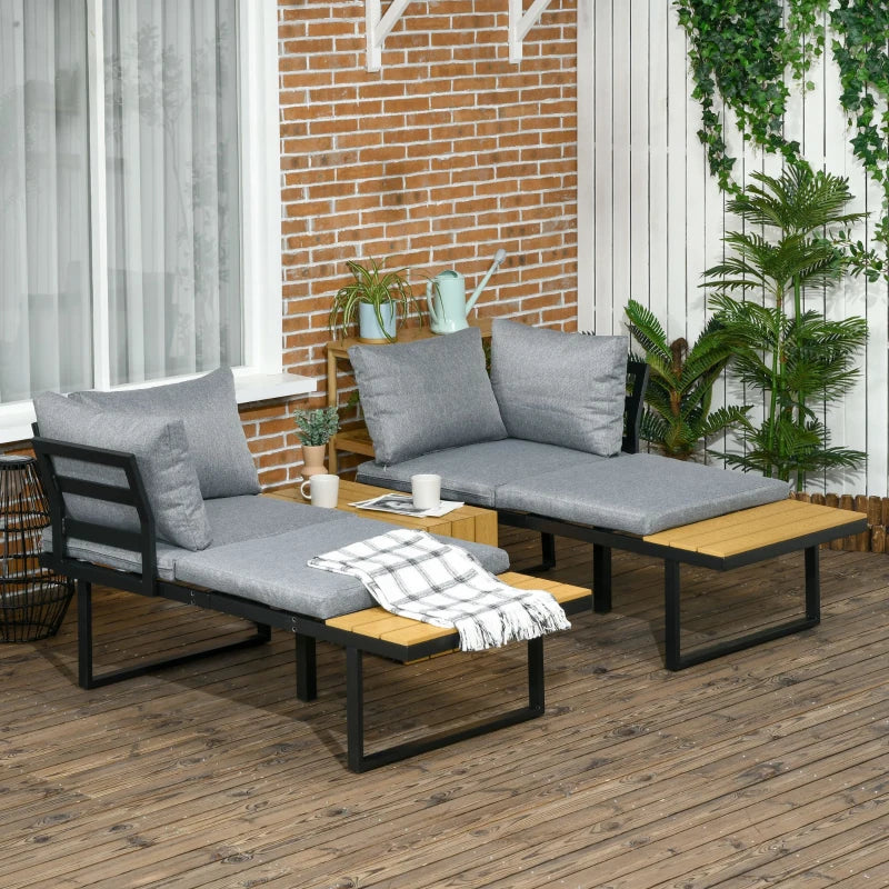 Outsunny 3 Pieces Patio Furniture Set - Outdoor Garden Sofa Conversation Set with Padded Cushions, Wood Grain Plastic Top Table and Side Panel, Dark Grey