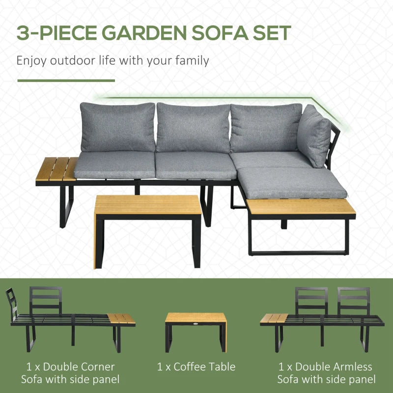 Outsunny 3 Pieces Patio Furniture Set - Outdoor Garden Sofa Conversation Set with Padded Cushions, Wood Grain Plastic Top Table and Side Panel, Dark Grey